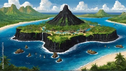 a fantasy map of a string of islands inspired by Hawaii with a sparkling blue ocean, a jungle with temples, cliffs with waterfalls and a volcano at the center surrounded by black sand and volcanic sto photo