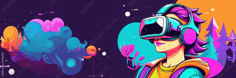 Concept of virtual reality technology, graphic of teenage girl gamer wearing VR head-mounted playing game. Dive into futuristic world of virtual reality, capturing person wearing sleek VR headset