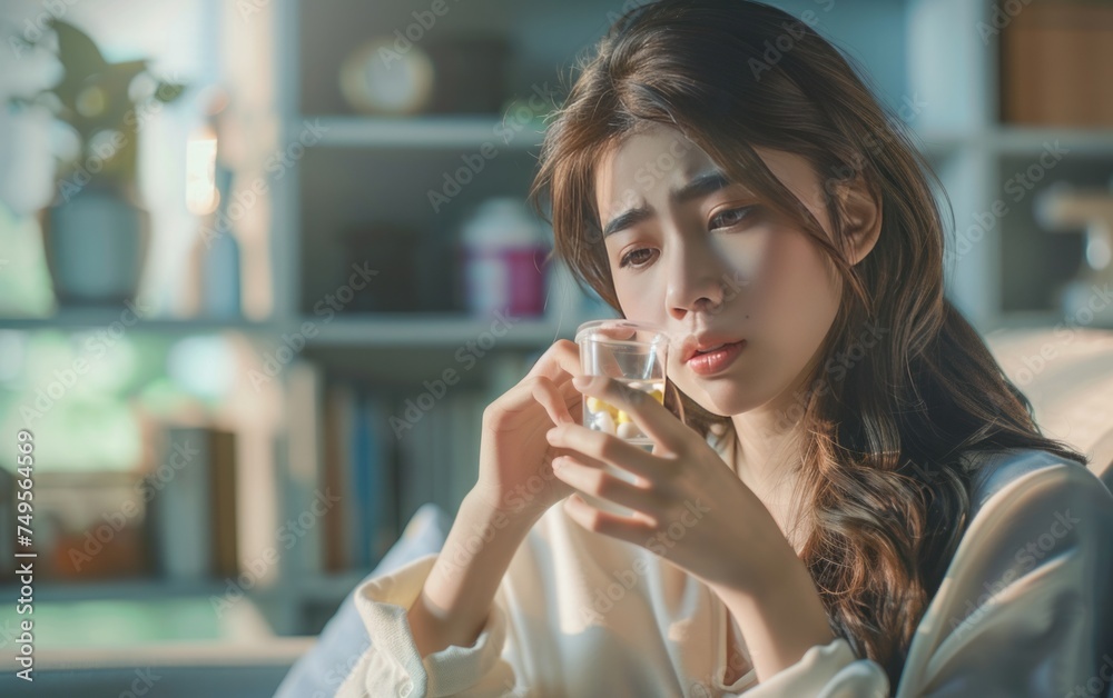 Asian Woman Holding Pill Capsule: Health Concerns Asian Woman Holding Pill Capsule: Health Concerns