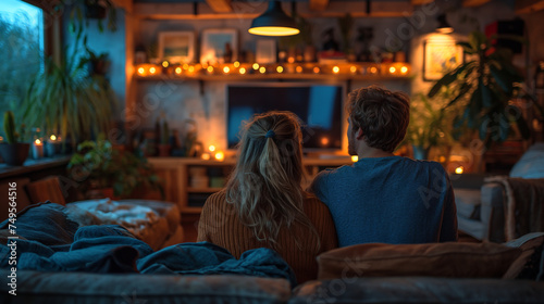 Gemütlicher Fernsehabend eines jungen Paares im stilvollen Wohnzimmer