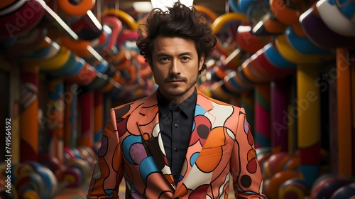 A Japanese male model standing in the midst of a vibrant marketplace, dressed in a colorful suit patterned with bold geometric shapes, captured by an HD camera