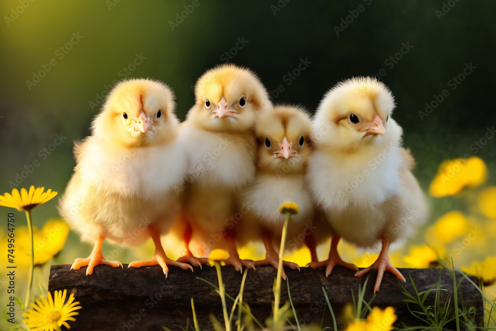 Small chickens against the background of spring nature on Easter, in a bright sunny day at a ranch in a village.