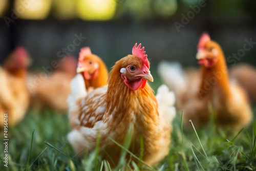 chickens and walking on the grass against the background of spring nature on Easter, on a bright sunny day at a ranch in the village. © soleg