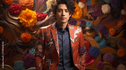 A Japanese male model standing in front of a colorful mural, wearing a vibrant purple suit adorned with intricate patterns, with the image captured in high definition