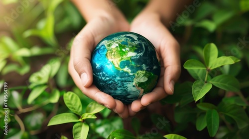 A pair of hands cradle a detailed globe surrounded by lush green leaves, symbolizing environmental care and protection