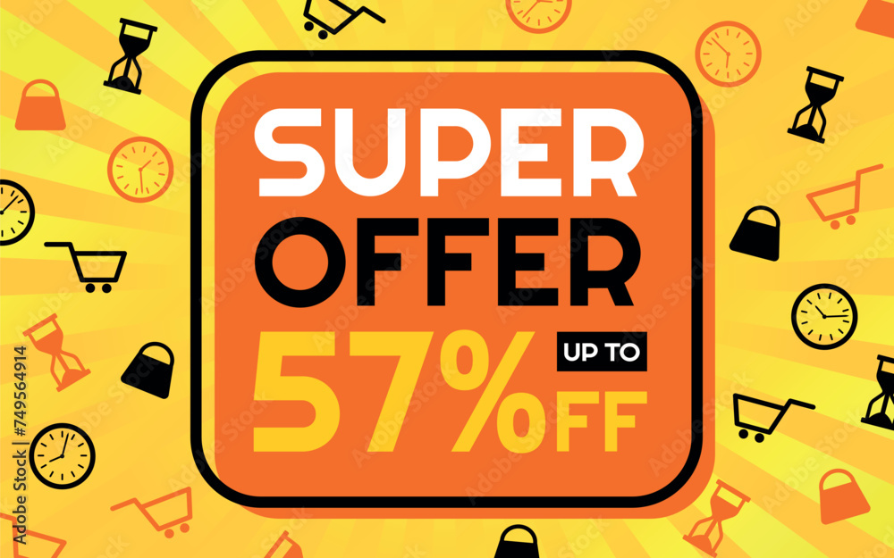 Super Offer 57% off Creative Advertising Banner, Orange, Yellow, Black and White, Sunburst Background, Shop and Limited Time Icons