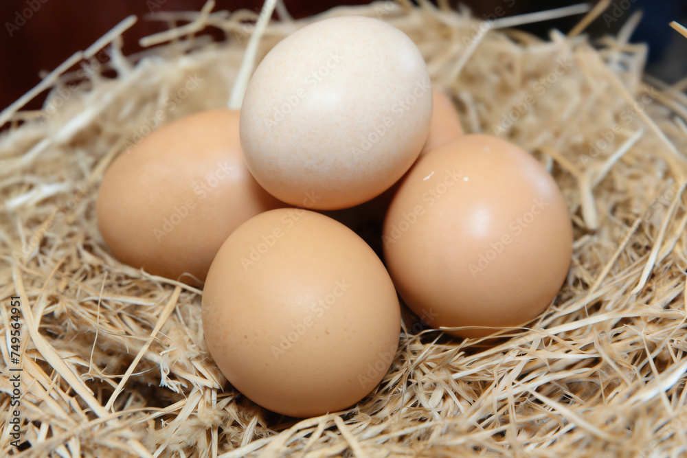 chicken eggs in a nest of hay in a chicken coop in the village chicken eggs in a nest of hay in a chicken coop in the village
