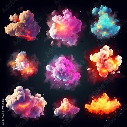 Colorful set of various cloud explosions isolated on a black background