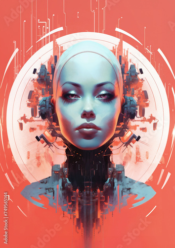 Poster of young cyborg girl in retro futuristic style. Human robot technology concept.