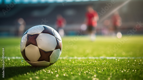 Soccer or football ball on the grass with copy space for text