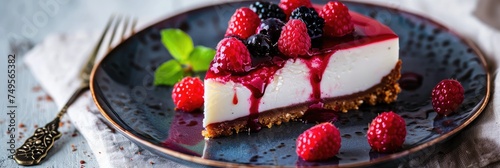 Slice of cheesecake on blue ceramic plate - Artistic image showcasing a slice of cheesecake on a blue plate with a vibrant berry sauce and mint