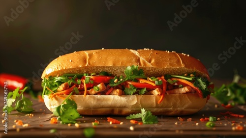 Vietnamese Banh Mi sandwich with fresh herbs - A delectable Banh Mi sandwich filled with vibrant, spicy vegetables and herbs on a rustic wooden surface