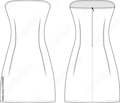 sleeveless strapless darted zippered a line mini short dress template technical drawing flat sketch cad mockup fashion woman design style model denim jean 
