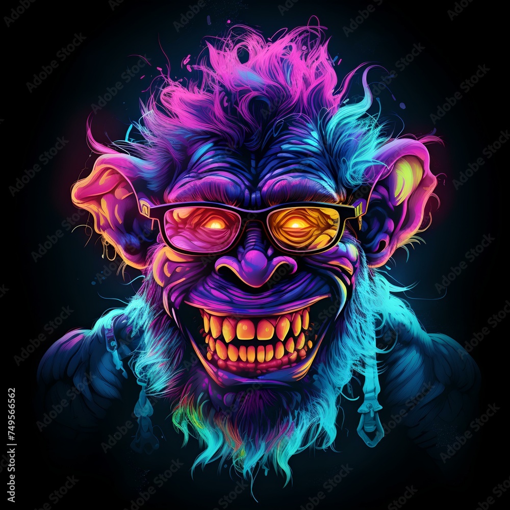 Colorful neon artwork of a smiling monkey wearing glasses on a dark background