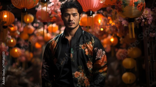 A Japanese male model standing against a backdrop of colorful lanterns, dressed in a traditional yukata with intricate patterns and vibrant colors, photographed in stunning HD quality