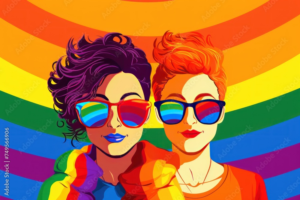 Two beautiful girls in sunglasses on a rainbow background. LGBT community concept. 2d illustration. LGBT Concept with Copy Space. Pride Month Concept.