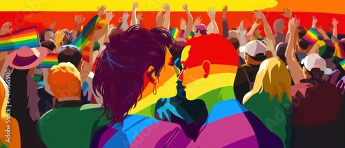 Crowd of people with raised hands and a rainbow flag. LGBT community concept. 2d illustration. LGBT Concept with Copy Space. Pride Month Concept.