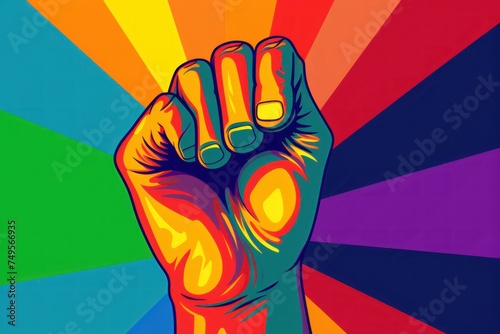 Raised fist on colorful background. LGBT community concept. 2d illustration. LGBT Concept with Copy Space. Pride Month Concept.