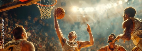 Basketball team in action at the stadium, enhanced by the glowing light, capturing the dynamic essence of competition and teamwork.