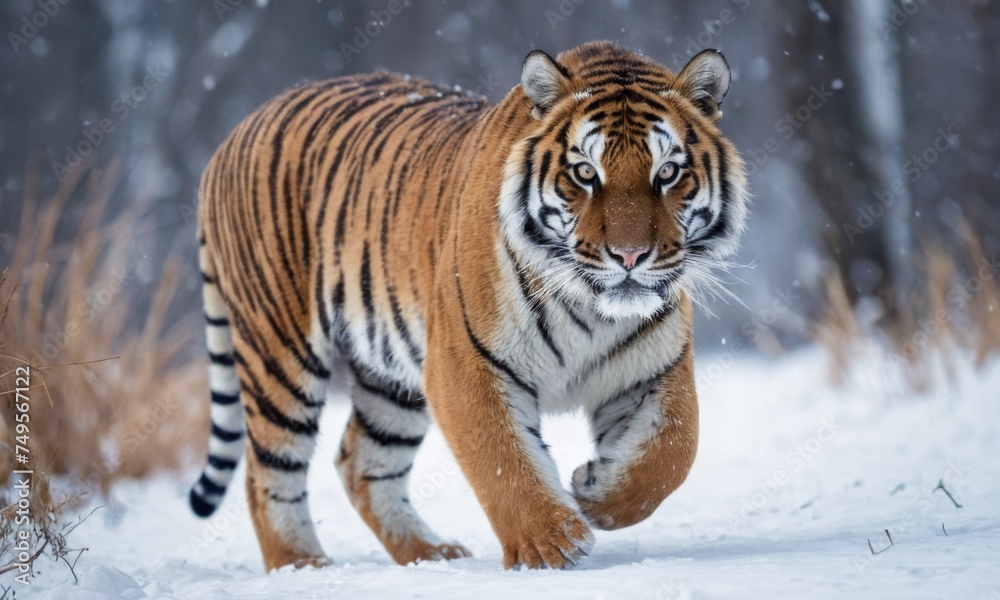 A tiger is walking through the snow