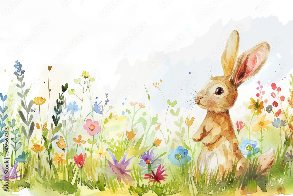 cute rabbit in a field of flowers, aquarelle style cute rabbit in a field of flowers, aquarelle style