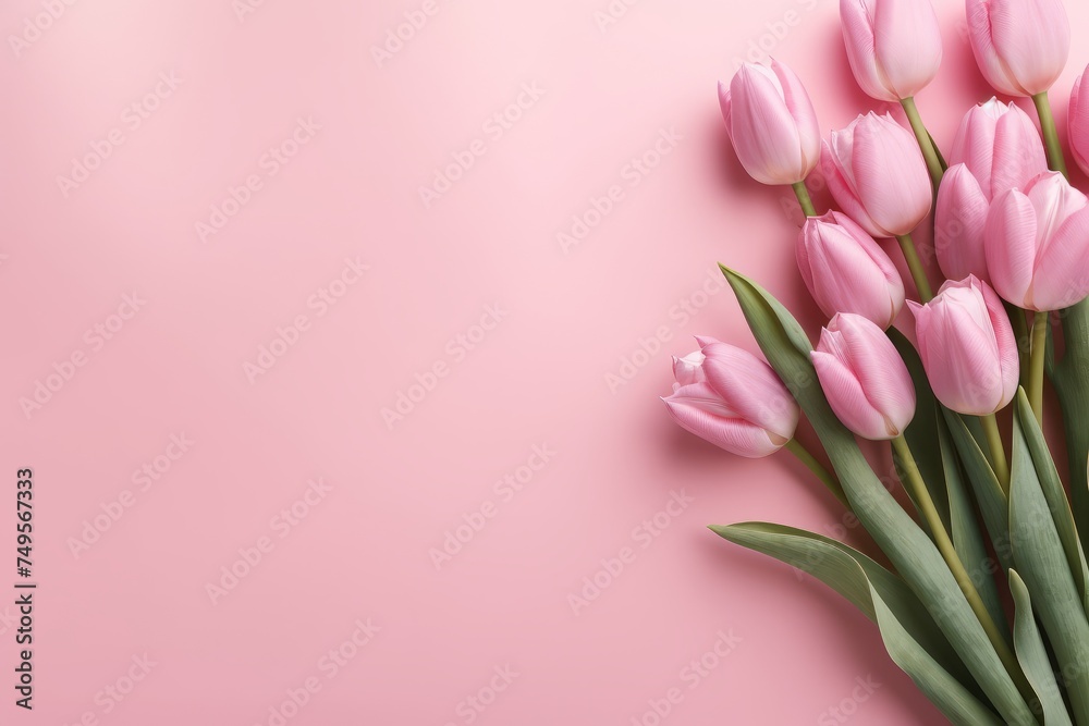 pink tulips isolated on a pink background with green leaves, in the style of subtle, stylish pink tulips and green leaves on a pink background, in the style of elegant, soft