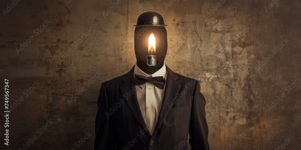 A headless mannequin in a pinstripe suit with a glowing light bulb for a head against a textured wall. - obrazy, fototapety, plakaty 