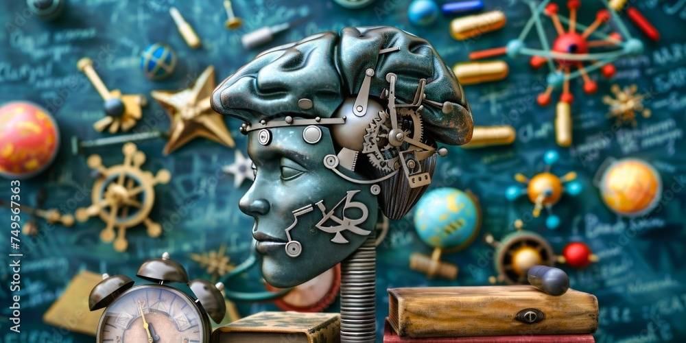 Sculpted head with mechanical brain on books, symbols of science and exploration in the background.