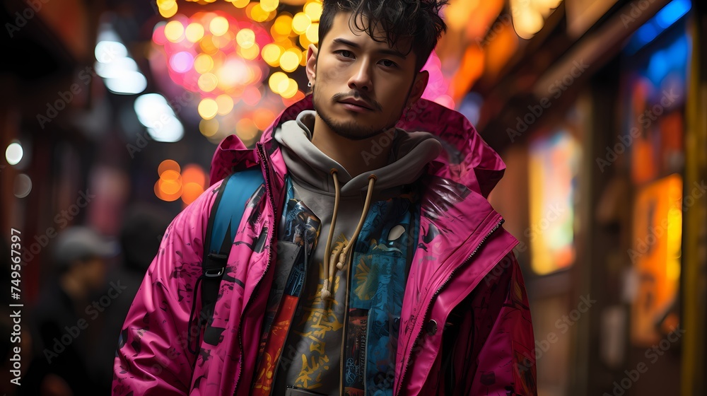 A Japanese male model striking a pose in a trendy neighborhood, donning a unique outfit with a mix of bright neon colors, with the image captured in high definition
