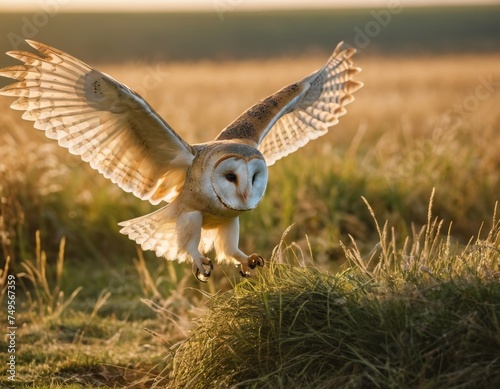 A large barn owl is flying through a field of tall grass. The owl is white with brown markings on its wings and head.