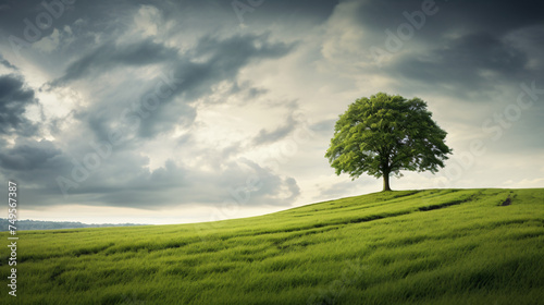 Fresh green tree in green grass field with cloudy