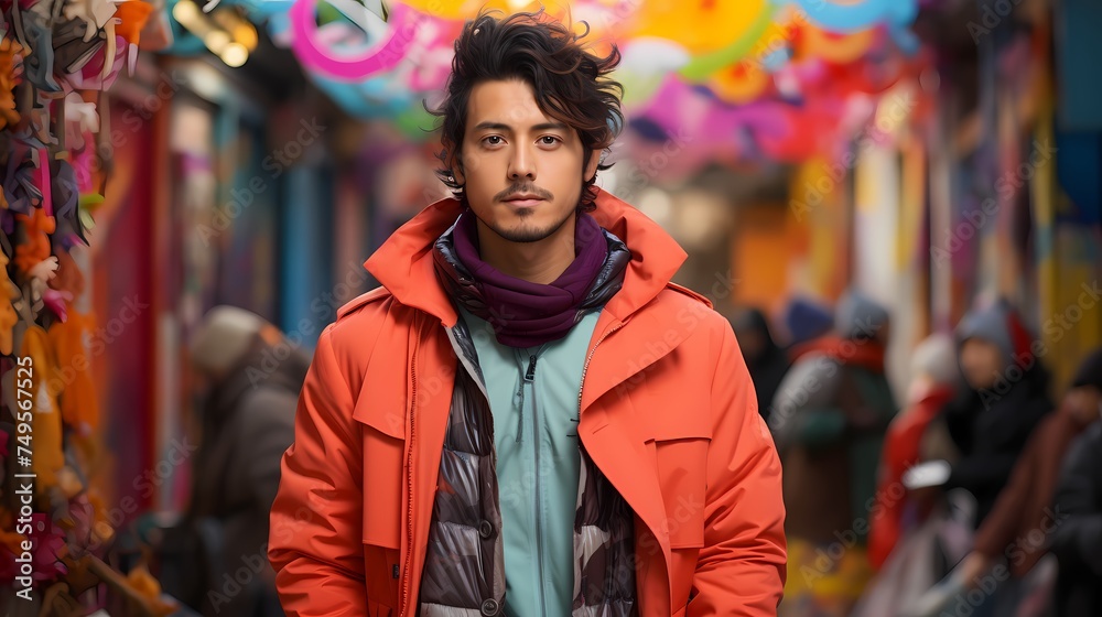 A Japanese male model striking a pose in front of a backdrop of colorful street art, dressed in a rainbow-hued outfit that exudes creativity, with the image captured in high definition
