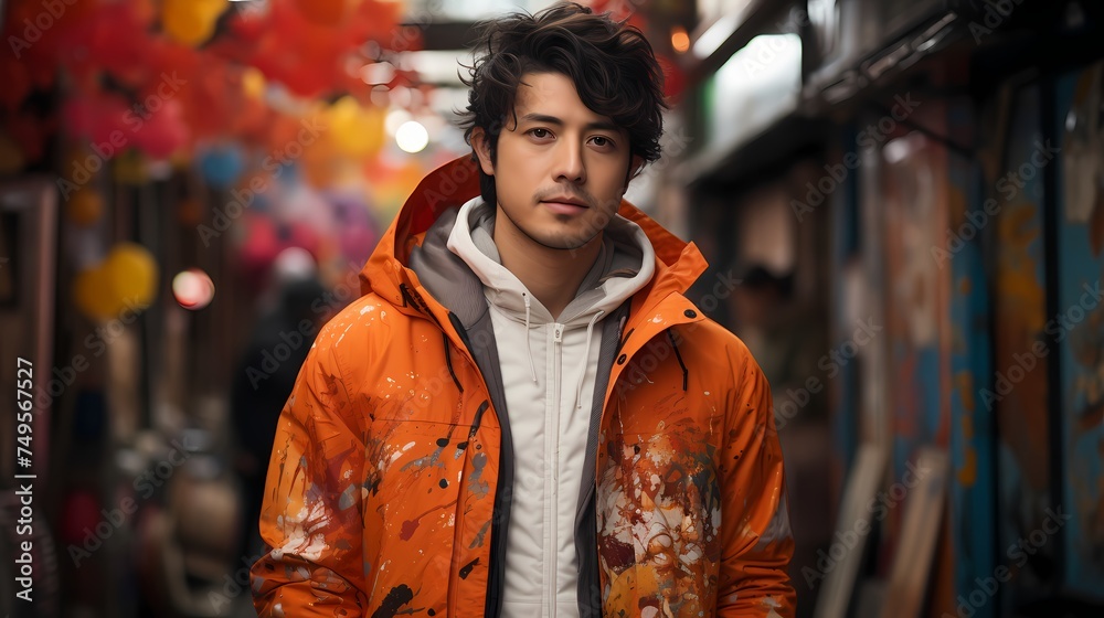 A Japanese male model striking a confident pose against a graffiti-covered alley, captured by a handheld HD camera, showcasing his impeccable fashion taste and urban attitude