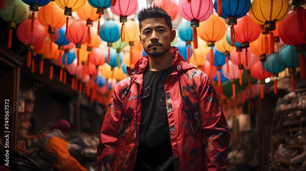 A Japanese male model striking a pose in front of a backdrop of colorful lanterns, dressed in a rainbow-hued outfit that reflects the festive atmosphere, with the image captured in high definition