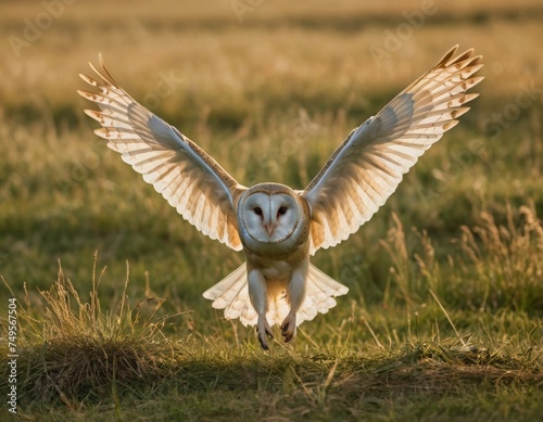 A large barn owl is flying through a field of tall grass. The owl is white with brown markings on its wings and head.