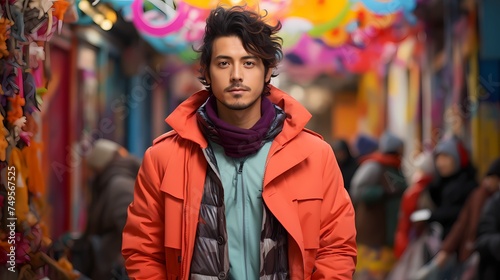 A Japanese male model striking a pose in front of a backdrop of colorful street art, dressed in a rainbow-hued outfit that exudes creativity, with the image captured in high definition