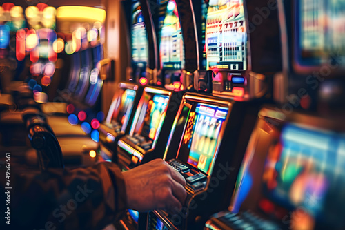 Gaming Excitement. Close-Up of a Casino Slot Machine Player. 