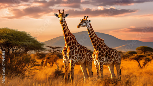 Giraffes in the African savannah. Serengeti Natio