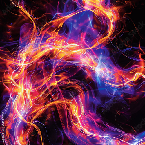 Vibrant abstract image of dynamic light trails with a mix of warm and cool tones against a dark backdrop.