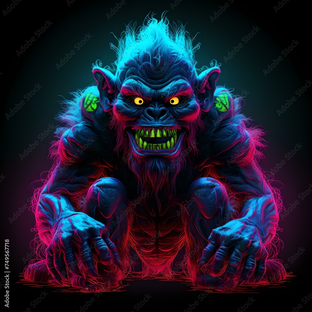 Colorful neon-lit fantasy monster growling in a dark background Colorful neon-lit fantasy monster growling in a dark background