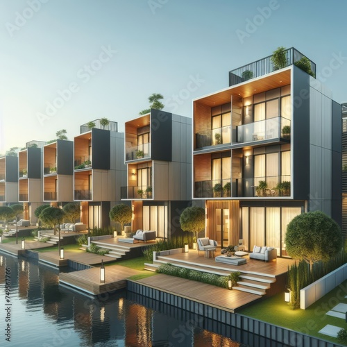 Luxurious housing units with reflective waterfronts offering serene living spaces, complemented by modern design and lush landscaping