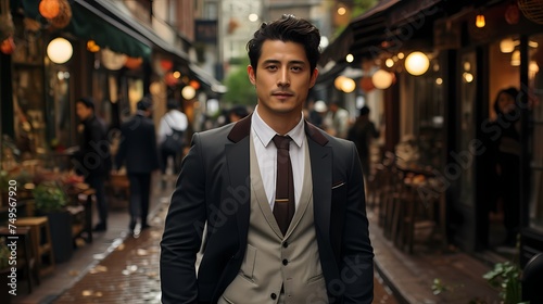 A Japanese male model strolling confidently in a traditional neighborhood, captured by a handheld HD camera, blending classic elements with contemporary fashion for a captivating street style