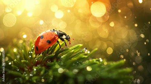 Macro Magic, Raindrops Adorning Ladybug in Soft Morning Glow