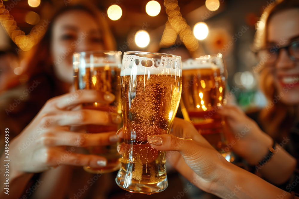 Joyful beer toast among friends, sharp focus on frothy beer glasses, background laughter and smiles blurred, warm and inviting pub ambiance