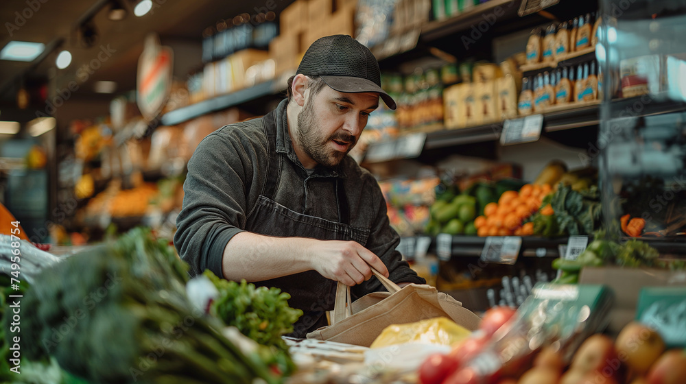 A cheerful grocery store cashier arranging a variety of colorful, fresh organic vegetables and fruits into a reusable canvas bag, eco-friendly shopping concept