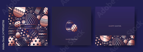 Easter cards with eggs in rose gold color on a dark blue background.