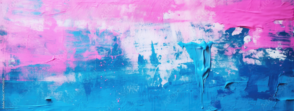 Abstract textured painting with vibrant pink and blue hues, streaks, and splashes creating a bold contrast.