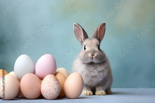 Cute bunny with easter eggs on blue background with copy space