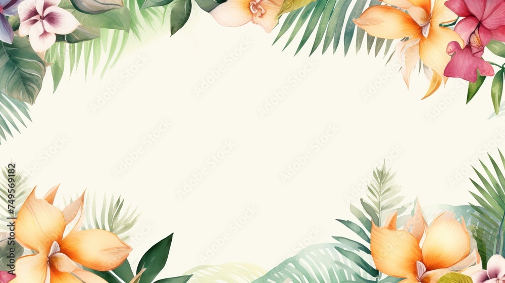 A watercolour delicate muted colour border of exotic tropical leaves at the bottom of the page on a white background with few tropical flower A watercolour delicate muted colour border of exotic tropical leaves at the bottom of the page on a white background with few tropical flower