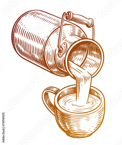 Milk in mug pouring from can. Farm dairy products. Hand drawn sketch vector illustration